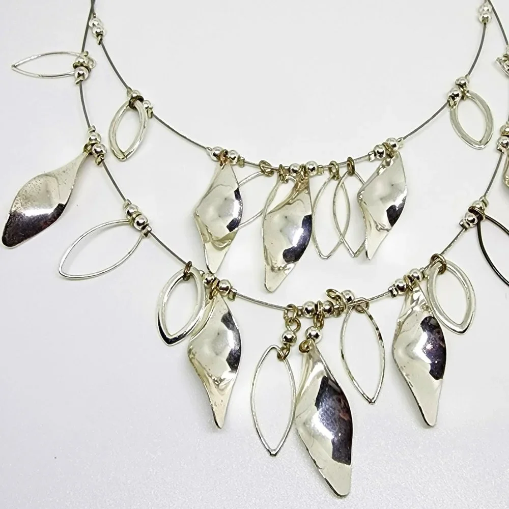 Double Layer Silver Spiral and Marquis Drop Statement Dressy Necklace